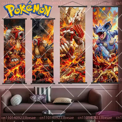 Pokemon gengar scroll painting anime wall art featuring fiery illustrations of legendary pokemon characters on fabric