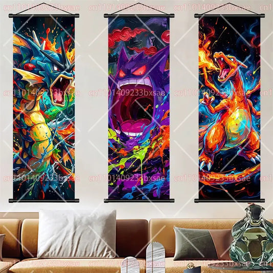 Three vibrant pokemon gengar scroll painting anime wall art canvas pieces featuring colorful legendary creatures