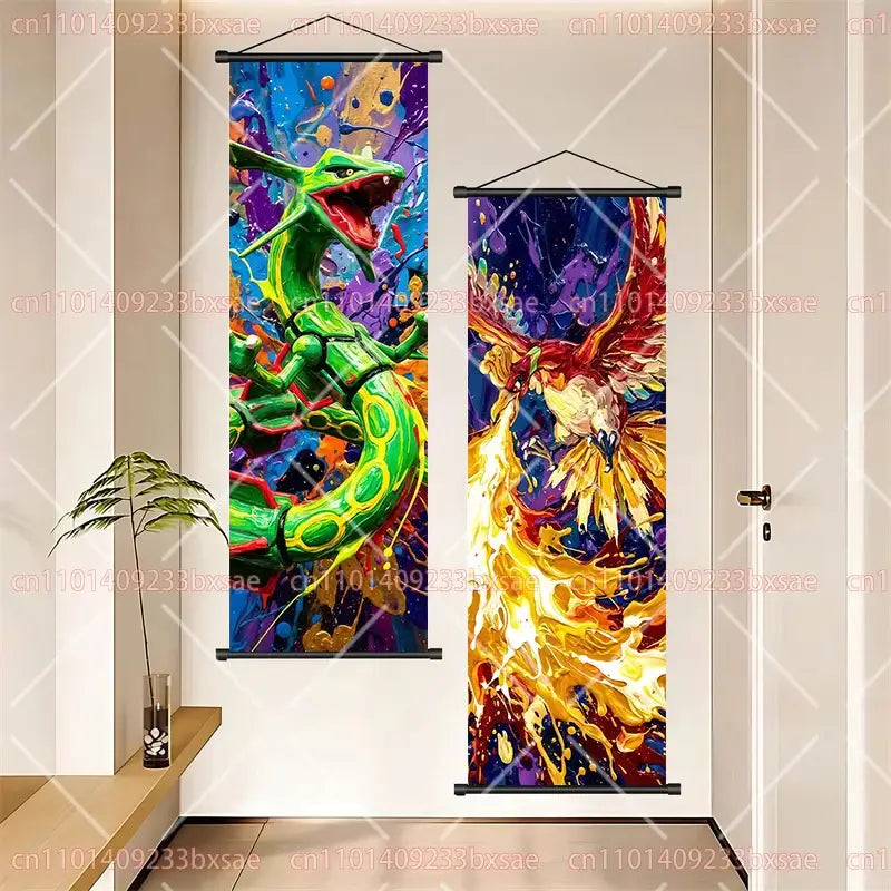 Two vibrant anime wall art scroll paintings featuring pokemon gengar and fiery bird designs in green, yellow, orange, and red