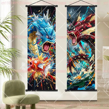 Two vibrant vertical pokemon gengar anime wall art scroll paintings featuring dynamic gyarados and dragonite designs