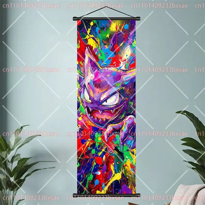 Pokemon gengar scroll painting anime wall art with vibrant abstract rainbow splashes and a purple face design