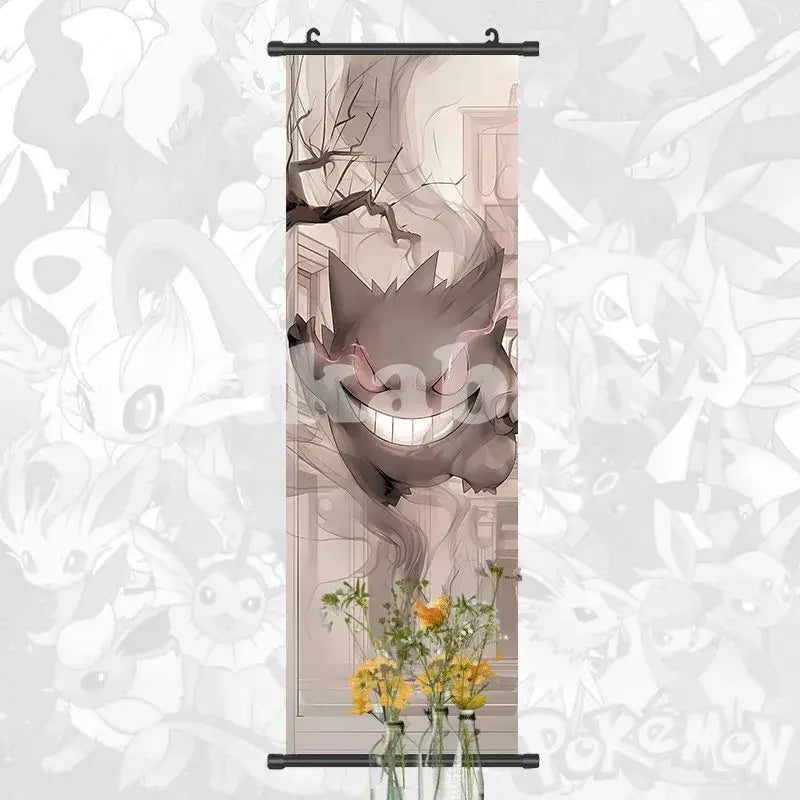 Gray gengar canvas scroll with smiling ghostly design and black metal roller for pokemon greninja anime wall art decor