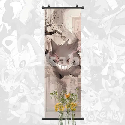Gray gengar canvas scroll with smiling ghostly design and black metal roller for pokemon greninja anime wall art decor