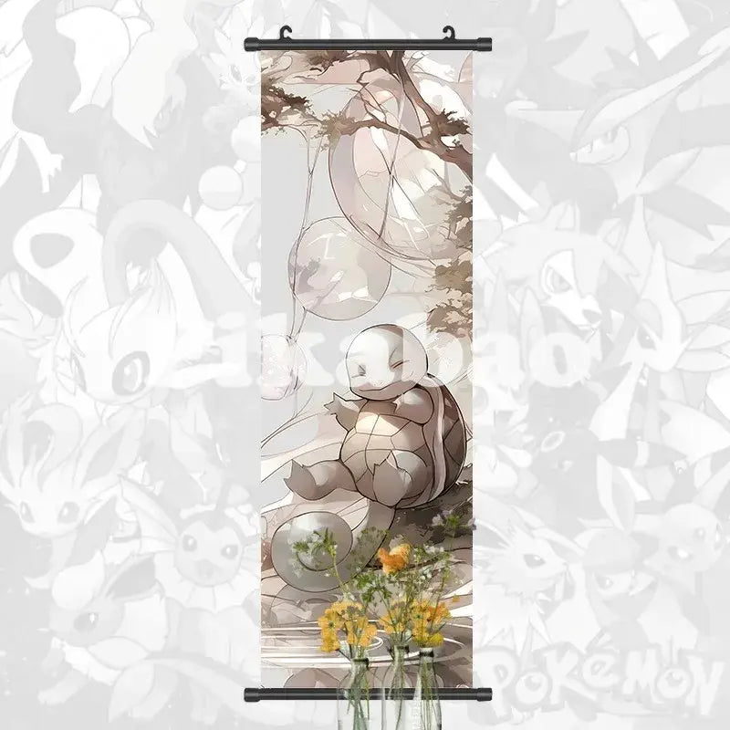 Pokemon greninja canvas scroll anime wall art features a soft-toned squirtle illustration with bubbles and flowers