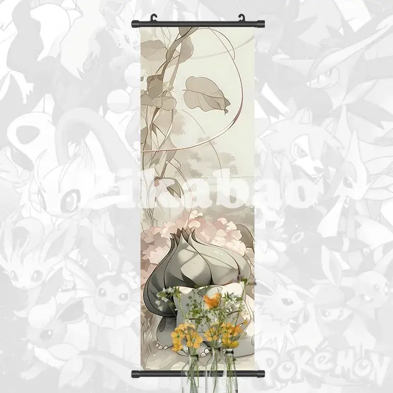 Delicate canvas scroll featuring soft-toned bulbasaur illustration among vines for pokemon greninja anime wall art decor