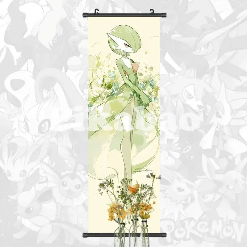 Pokemon greninja canvas scroll featuring illustrated gardevoir in green dress with floral elements anime wall art decor