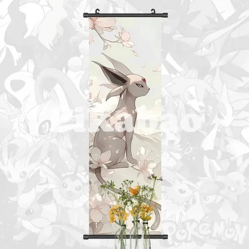 Pokemon greninja canvas scroll featuring a delicate gray and white illustrated eevee with pink blossoms anime wall art decor