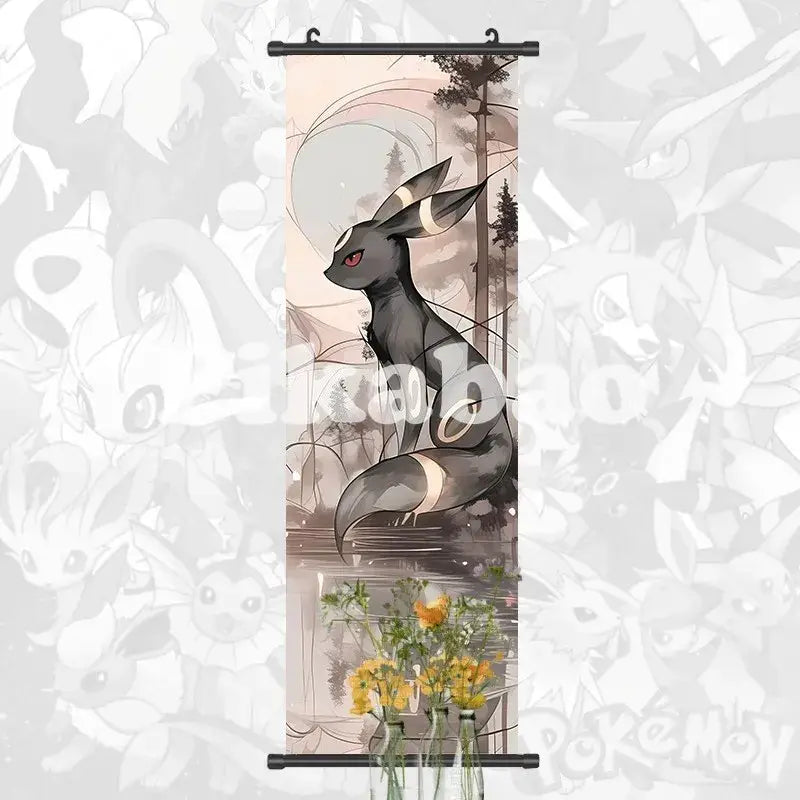 Pokemon greninja canvas scroll featuring black and white fox-like pokémon with red eyes by water under full moon anime wall art