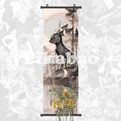 Pokemon greninja canvas scroll featuring black and white fox-like pokémon with red eyes by water under full moon anime wall art