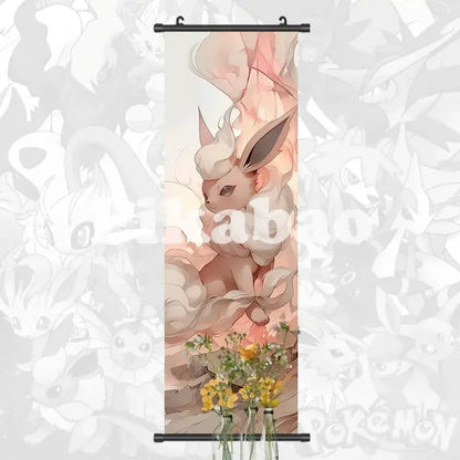 Pokemon greninja canvas scroll featuring soft pink and cream anime wall art with delicate floral accents