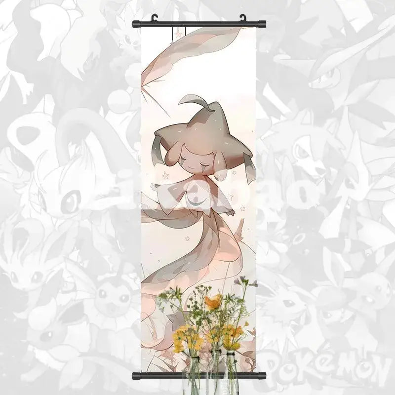 Pokemon greninja canvas scroll anime wall art in soft beige and peach with whimsical starry creature and floral accents