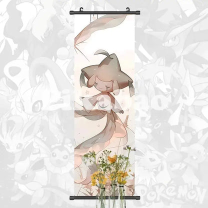 Pokemon greninja canvas scroll anime wall art in soft beige and peach with whimsical starry creature and floral accents