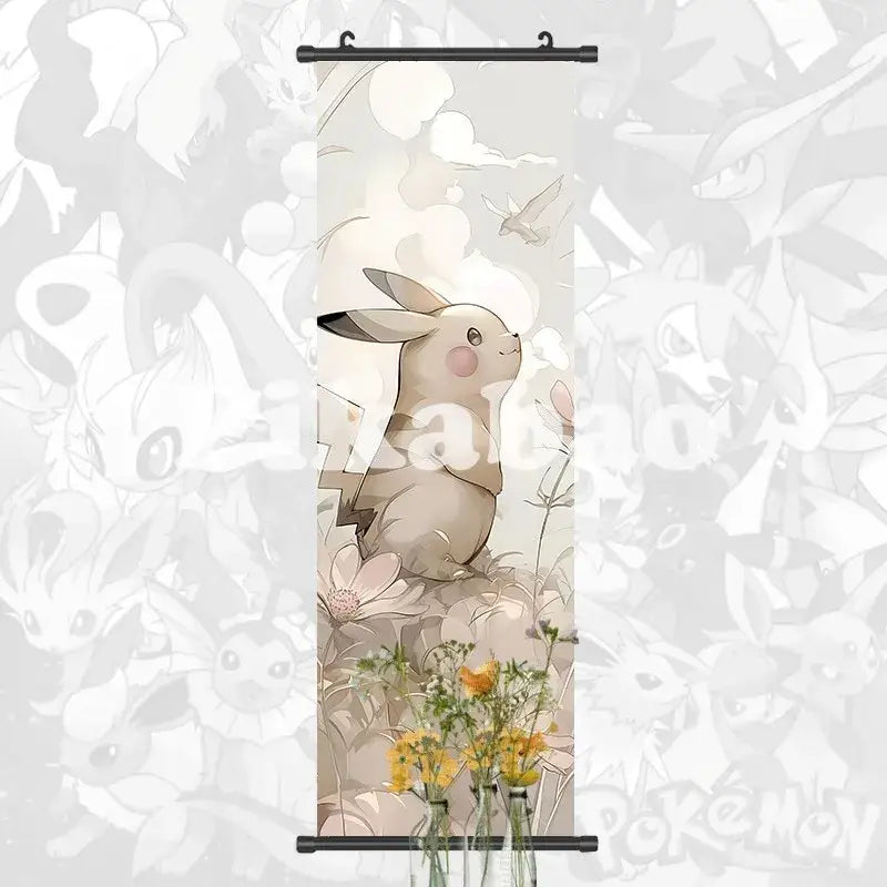 Soft beige pikachu illustration on floral canvas scroll with black metal roller frame anime wall art pokemon greninja decor