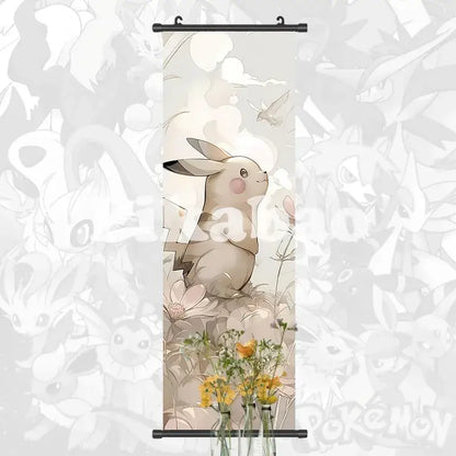 Soft beige pikachu illustration on floral canvas scroll with black metal roller frame anime wall art pokemon greninja decor