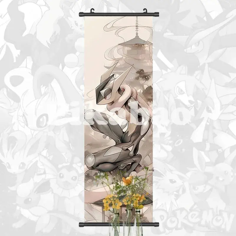 Anime wall art canvas scroll featuring mega rayquaza in muted tones with traditional japanese architectural elements