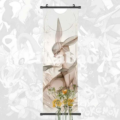 Beige and gray canvas scroll featuring stylized eevee with yellow flowers for pokemon greninja anime wall art decor