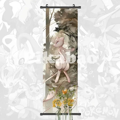 Soft pink mew canvas scroll with delicate watercolor forest and yellow flowers for anime wall art pokemon greninja decor