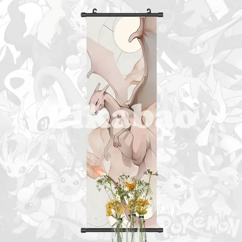 A soft pink and beige charizard canvas scroll with minimalist floral design perfect for pokemon greninja anime wall art decor