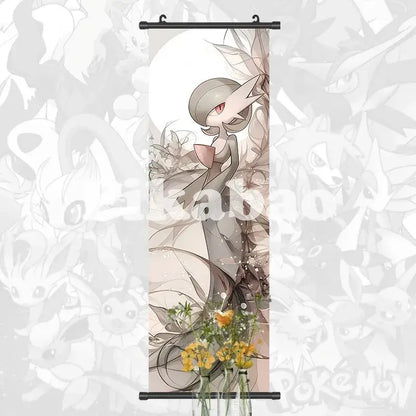 Pokemon greninja canvas scroll featuring shaymin in an elegant gray gown with floral accents anime wall art decor