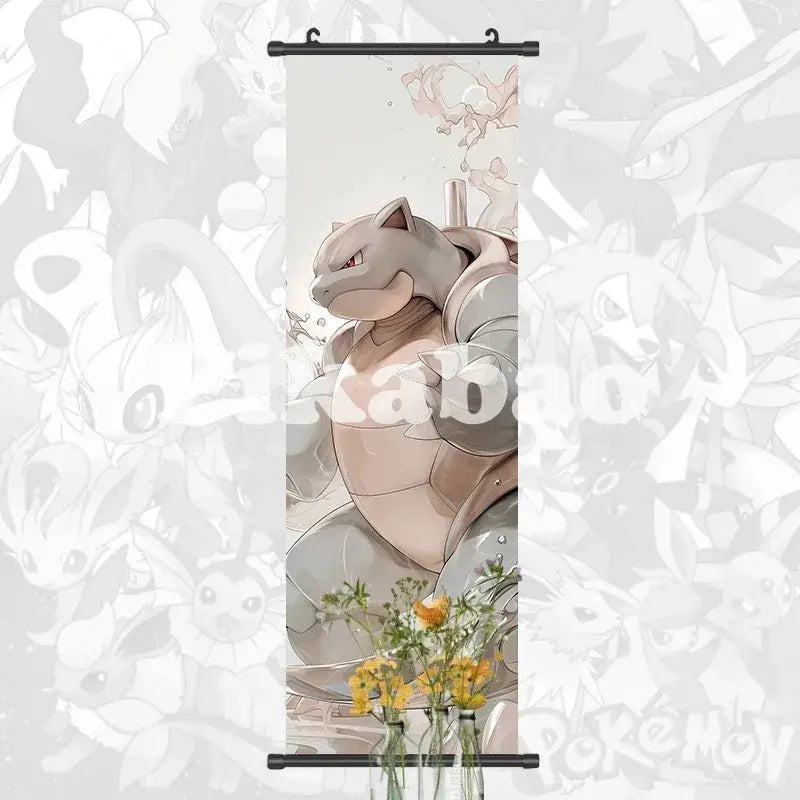 Pokemon greninja canvas scroll anime wall art featuring a detailed bulbasaur illustration in soft gray and beige tones