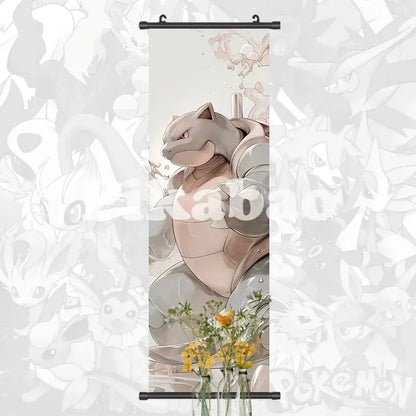 Pokemon greninja canvas scroll anime wall art featuring a detailed bulbasaur illustration in soft gray and beige tones