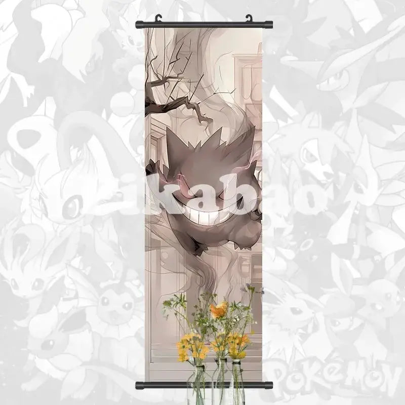 Gray cartoon style gengar canvas scroll with smiling face and spiky ears for pokemon greninja anime wall art decor