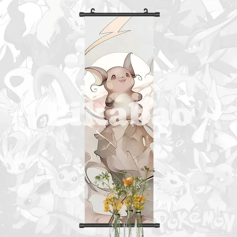 Pokemon greninja canvas scroll featuring beige and cream raichu illustration with lightning bolt on black metal rods anime wall art