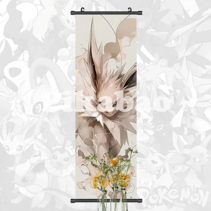 Vertical canvas scroll anime wall art featuring jolteon with spiky light brown fur and electric blue accents pokemon greninja decor