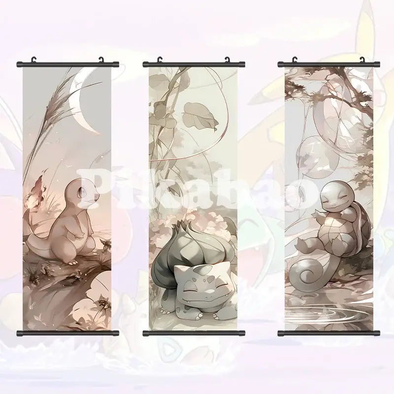 Pokemon greninja canvas scroll anime wall art featuring three sepia-toned pokemon characters on fabric wall scrolls