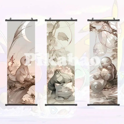 Pokemon greninja canvas scroll anime wall art featuring three sepia-toned pokemon characters on fabric wall scrolls