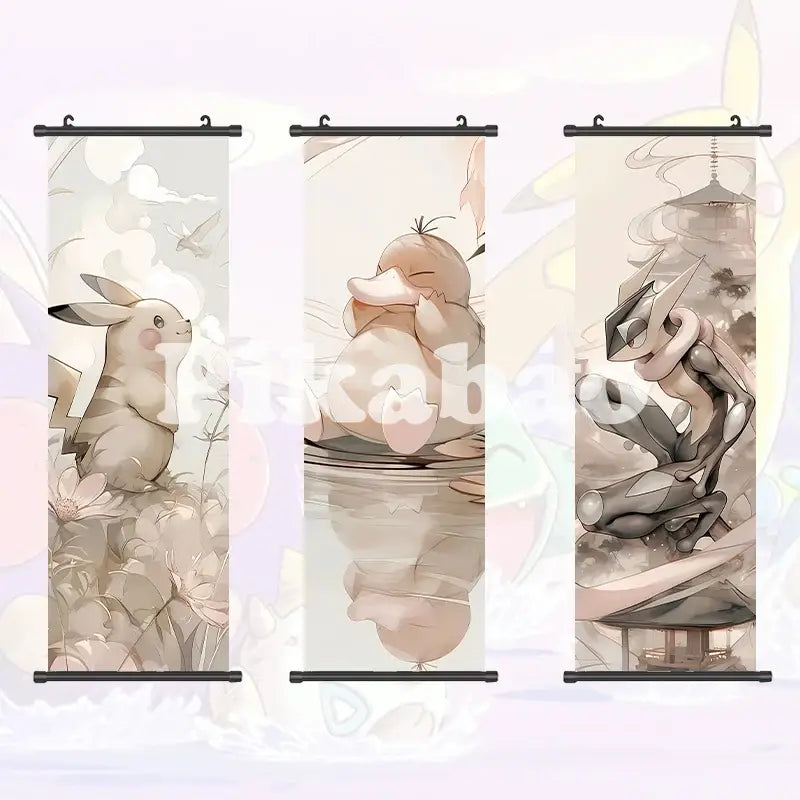 Three vertical sepia-toned canvas scroll anime wall art featuring illustrated pokemon greninja characters