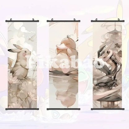 Three vertical sepia-toned canvas scroll anime wall art featuring illustrated pokemon greninja characters