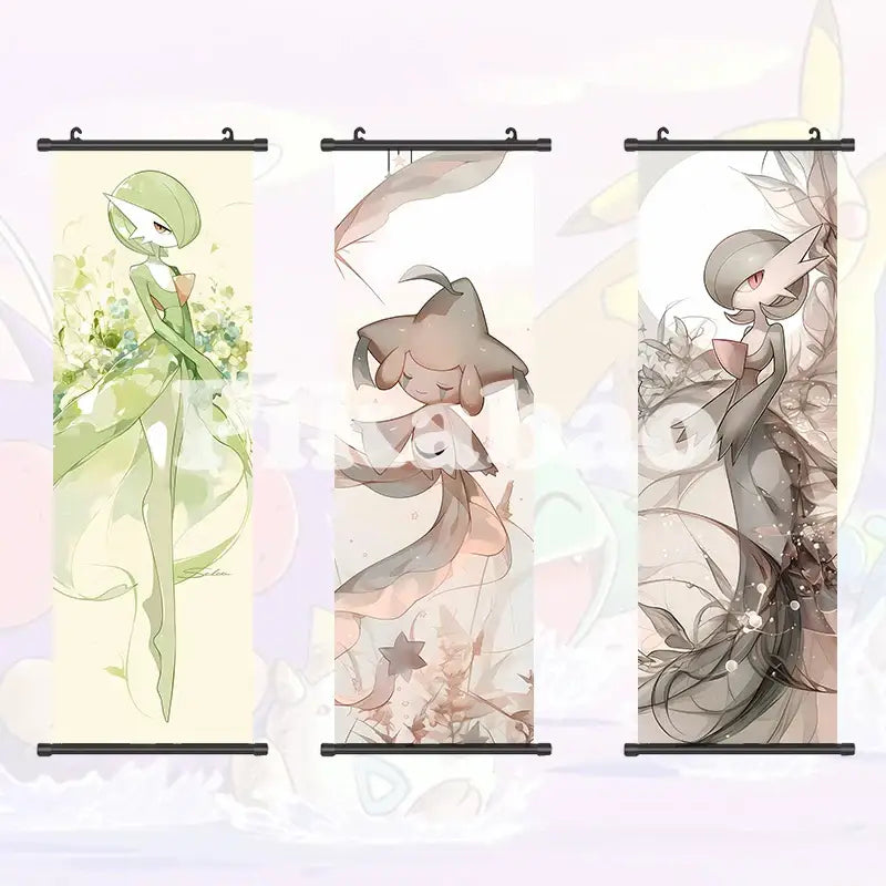Three vertical canvas scroll anime wall art featuring soft watercolor pokemon greninja illustrations