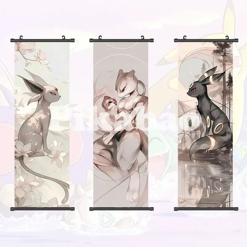 Three vertical canvas scroll anime wall art featuring pokemon greninja with soft floral nature-inspired backgrounds