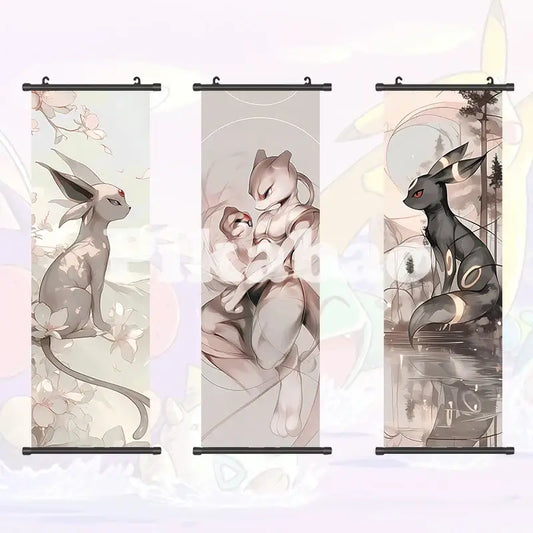 Three vertical canvas scroll anime wall art featuring pokemon greninja with soft floral nature-inspired backgrounds
