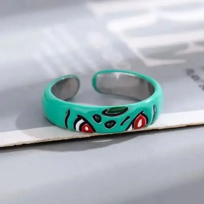 Turquoise 925 silver couple ring with hand-painted red and black eyes featuring pokemon litwick and dragonair design