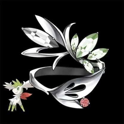 Pokemon Litwick Dragonair couple ring in 925 silver with silver leaf design and clear green marquise gemstones, pink accent stone