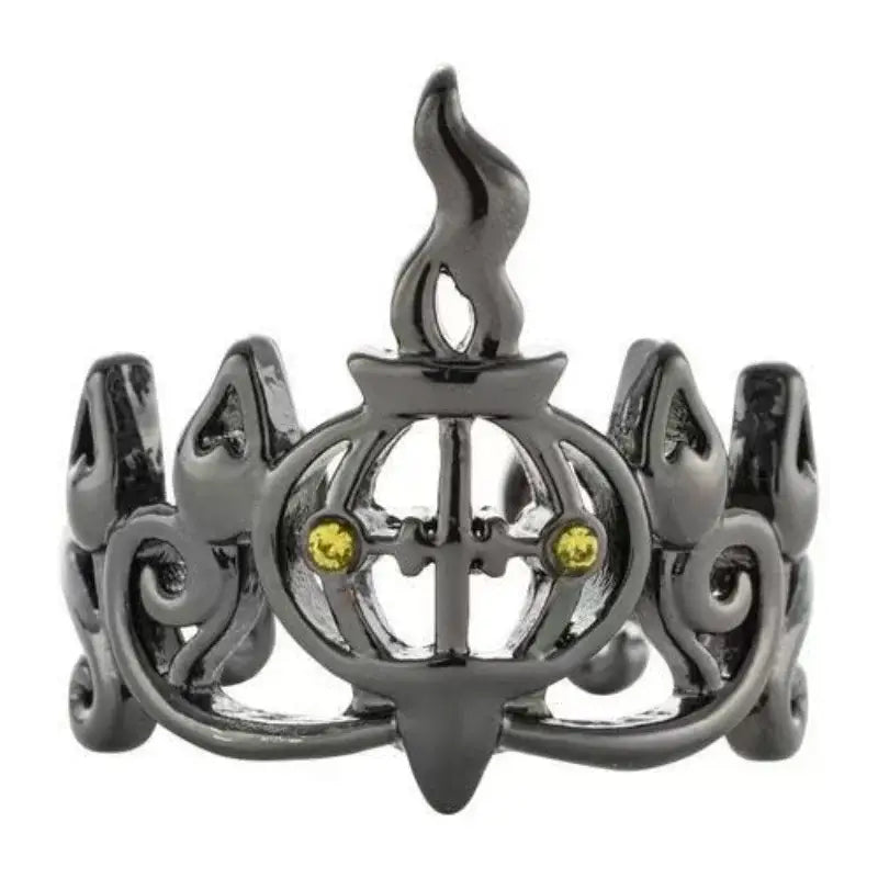 Black metal 925 silver couple ring with ornate pumpkin design, flame top, and two yellow gemstones inspired by litwick and dragonair