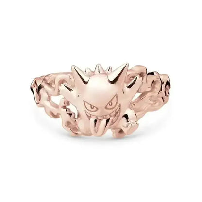 Rose gold 925 silver couple ring featuring a detailed 3d gengar design with sharp spines and expressive face