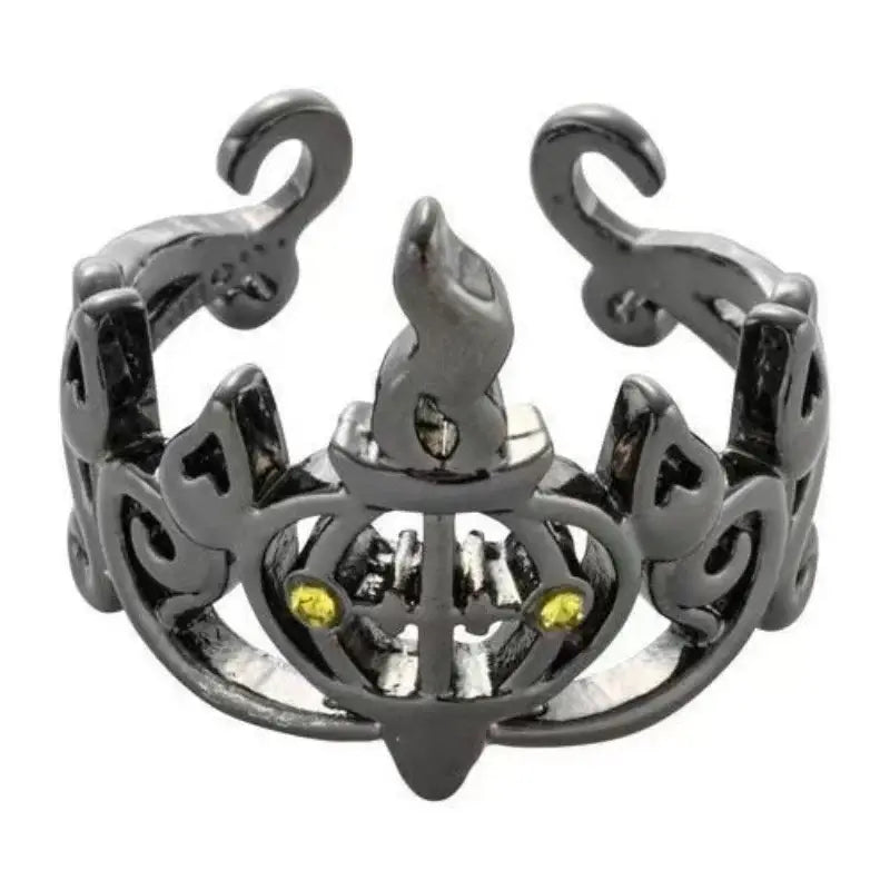 Black metal couple ring with intricate flame crown design and two yellow gemstones 925 silver pokemon litwick dragonair