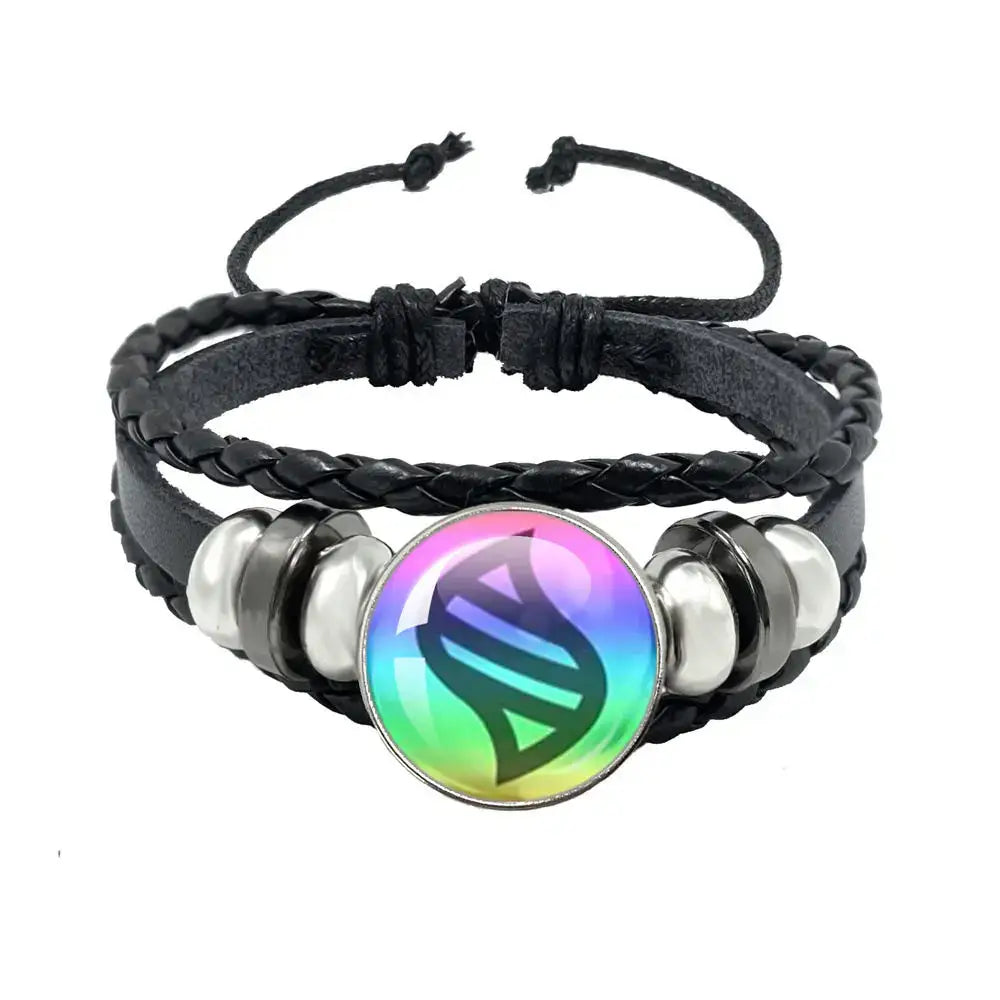 Black braided leather bracelet with rainbow dna symbol charm and silver beads on black leather rope keychain