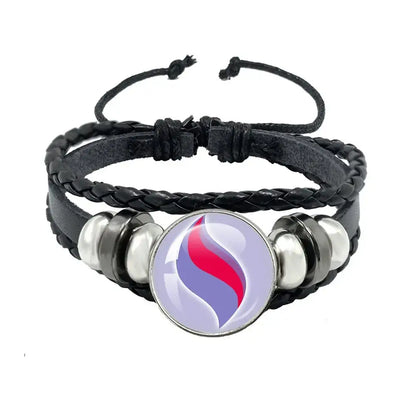 Pokemon mega stone keychain featuring a black leather rope bracelet with a red purple swirl charm and silver beads