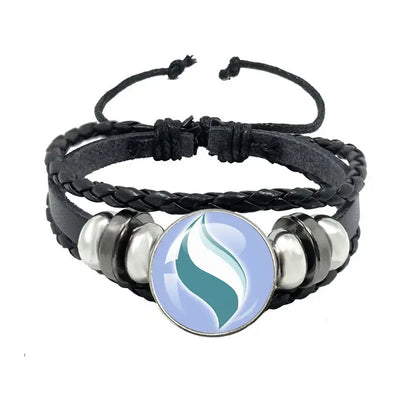 Pokemon mega stone keychain with black braided leather rope bracelet featuring silver beads and teal white circular charm