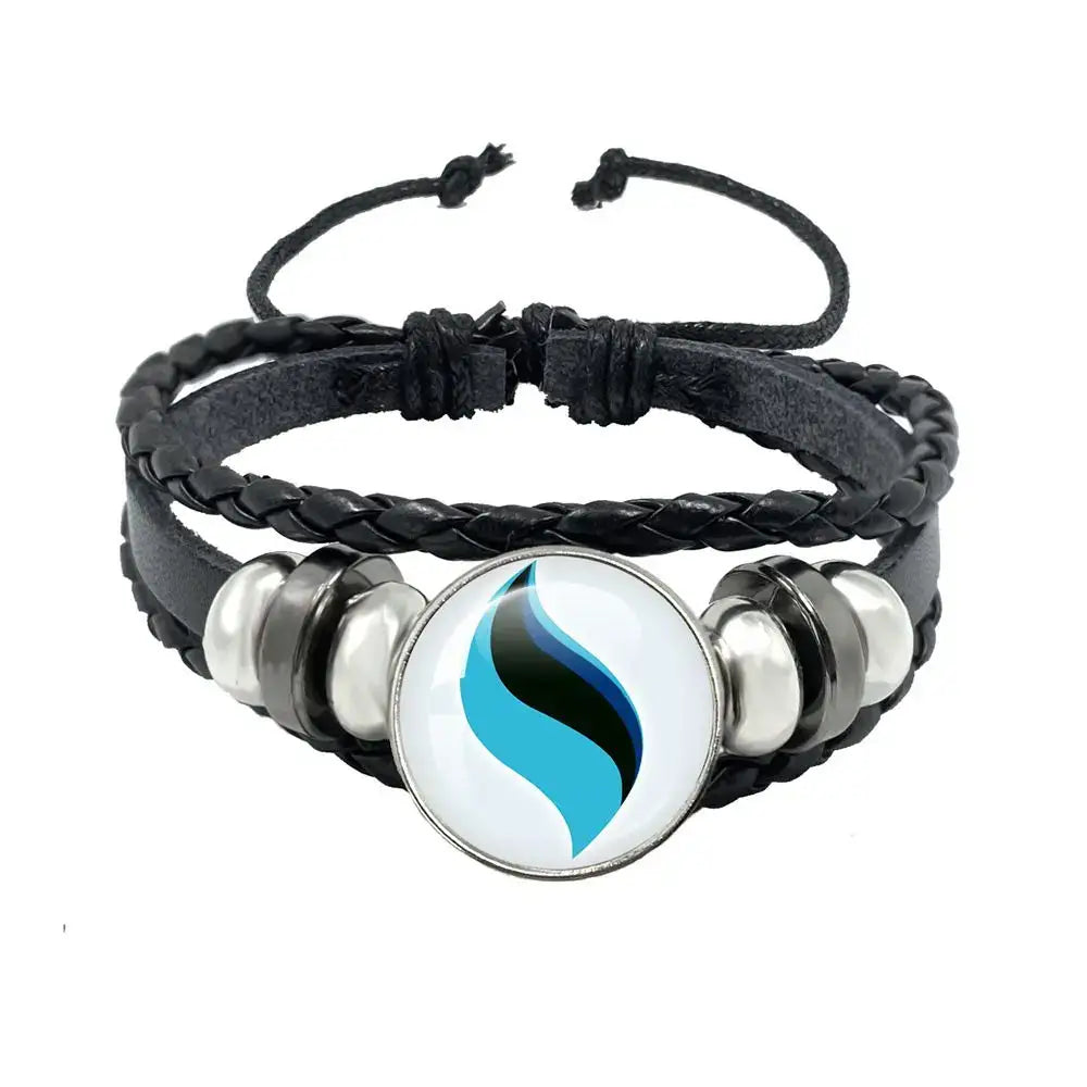 Pokemon mega stone keychain with black leather rope braided bracelet silver beads and blue black flame charm