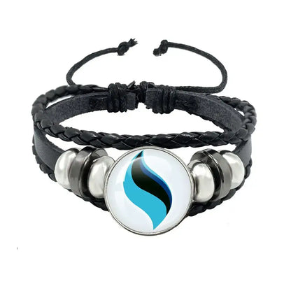 Pokemon mega stone keychain with black leather rope braided bracelet silver beads and blue black flame charm