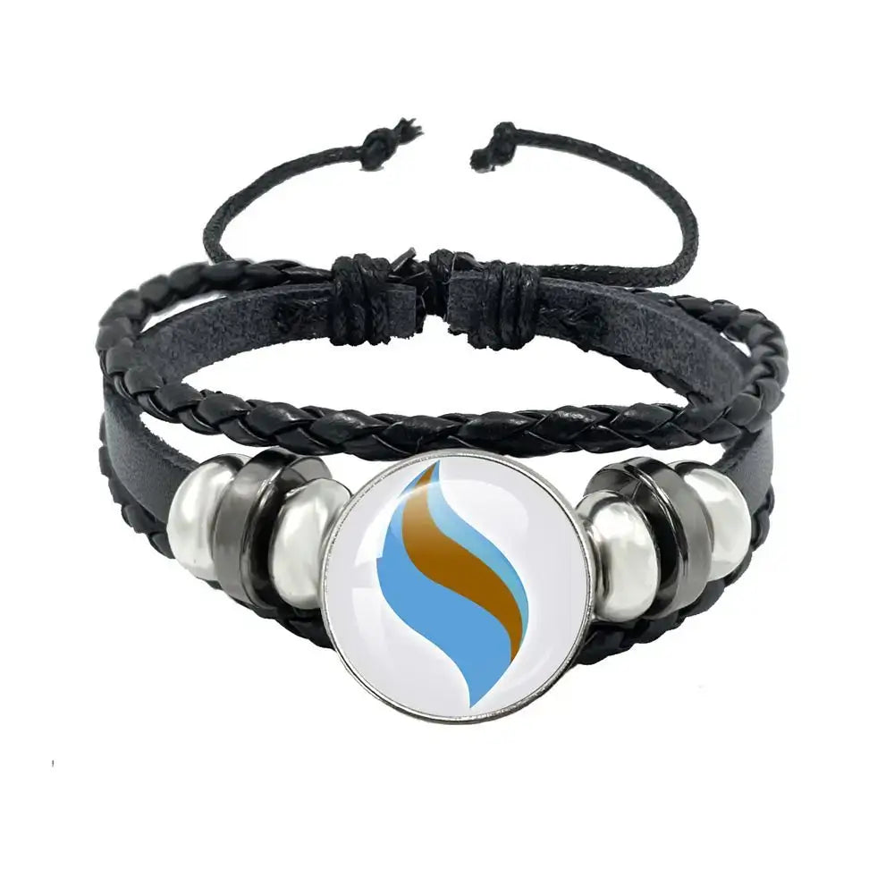 Black leather rope pokemon mega stone keychain featuring a blue and gold flame charm with silver beads