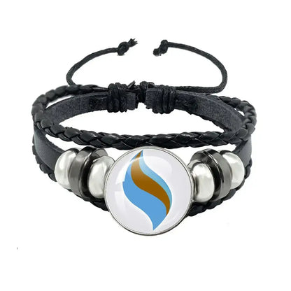 Black leather rope pokemon mega stone keychain featuring a blue and gold flame charm with silver beads