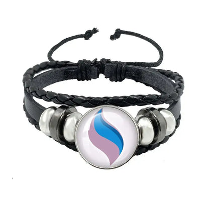 Black leather rope bracelet with a trans flag charm and silver beads featuring a circular central charm