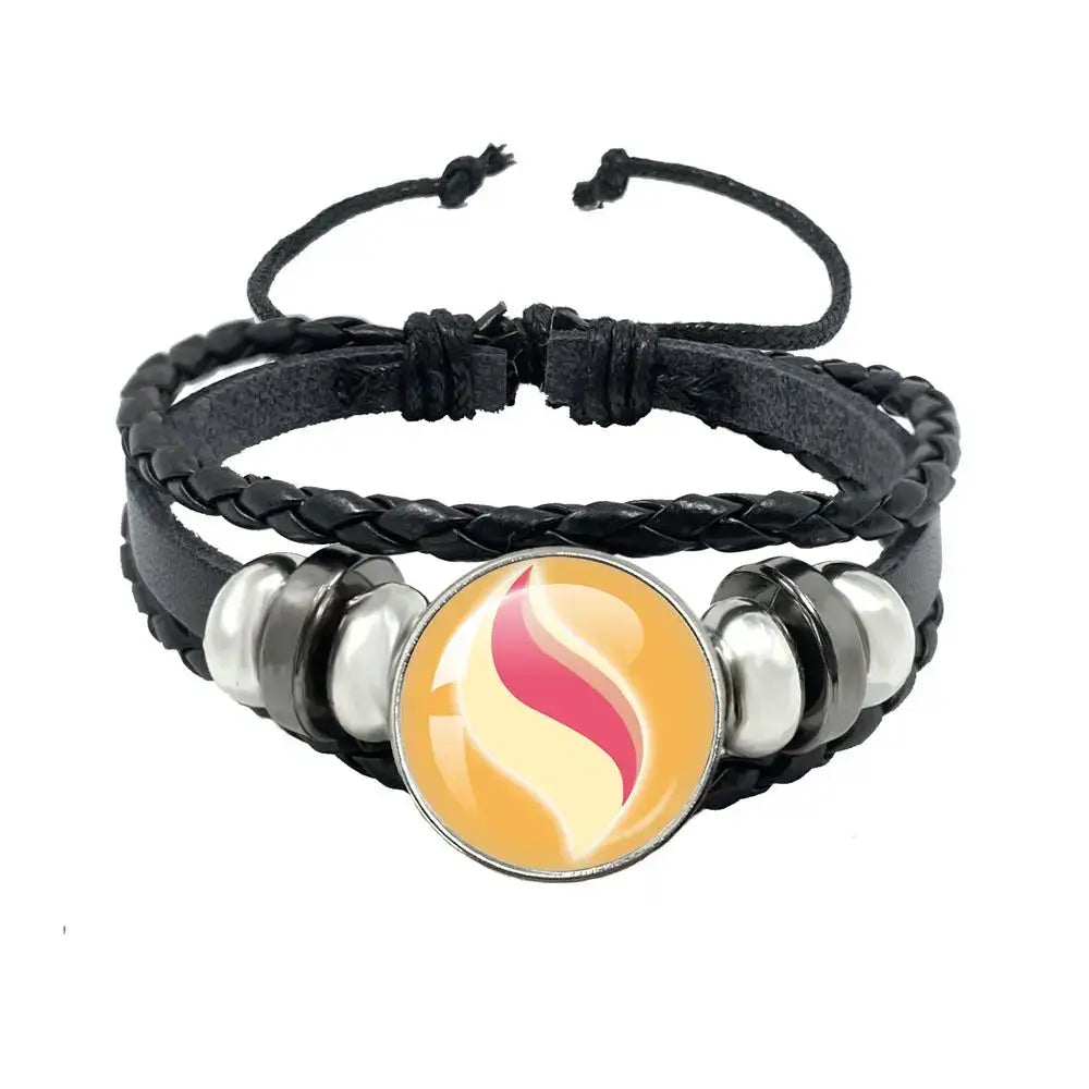 Pokemon mega stone keychain 10cm black leather rope braided bracelet with orange pink flame charm and silver beads