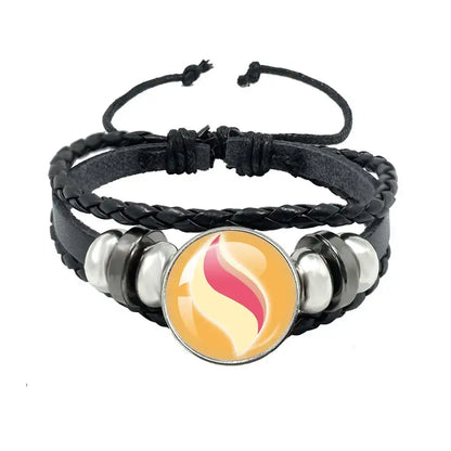 Pokemon mega stone keychain 10cm black leather rope braided bracelet with orange pink flame charm and silver beads